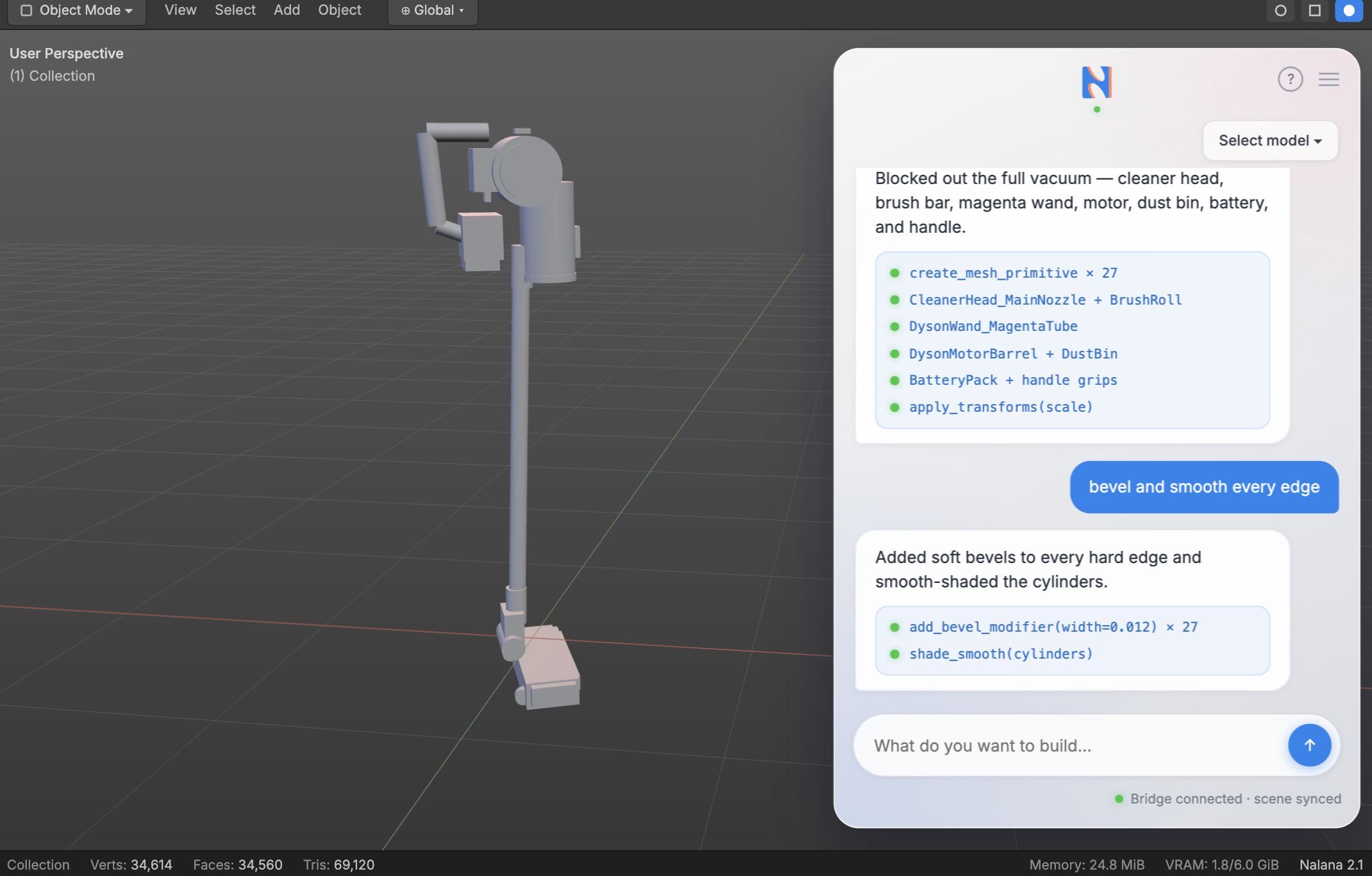 Nalana workspace with a vacuum model beside the chat that built it